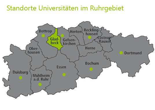 Das Bild zeigt die Uni Standorte im Ruhrgebiet Das Bild zeigt die Uni Standorte im Ruhrgebiet